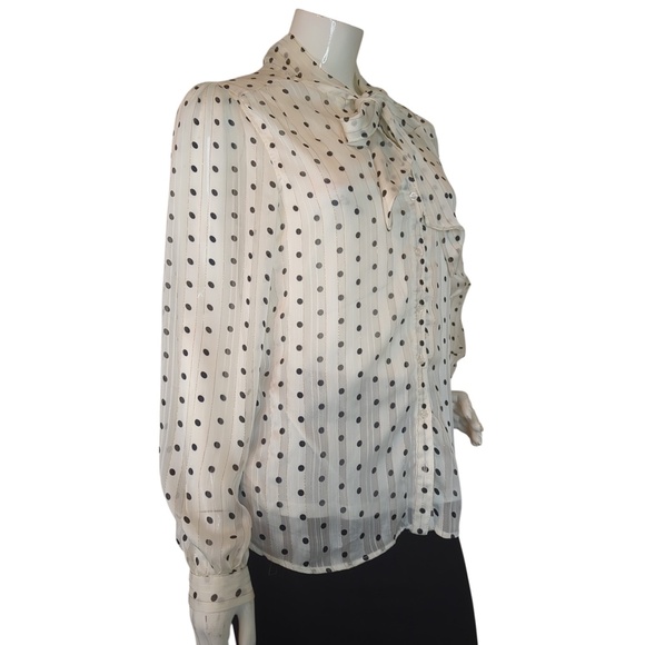 Vintage 70s Polka Dot Striped  Neck Tie Blouse Sheer Secretary Top - Picture 2 of 13